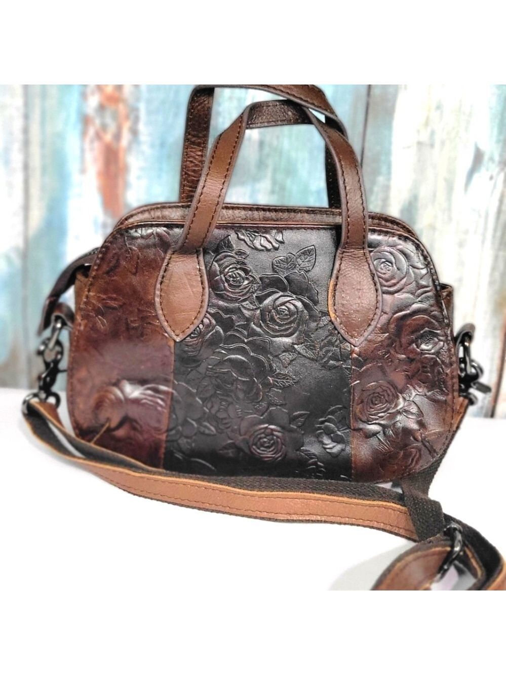 Leather Crossbody Bag Rose Embossed Two Tone
